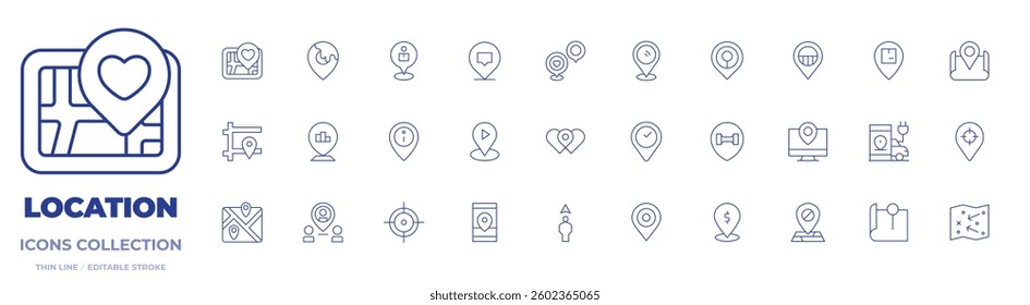 Location icons collection. Thin Line icons, editable stroke. location, location pin, positioning, placeholder, place, map, maps, crosshair.