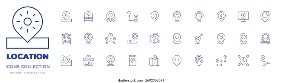 Location icons collection. Thin Line icons, editable stroke. route, address, location, location pin, placeholder, world, car, map, pins, job interview, korea.
