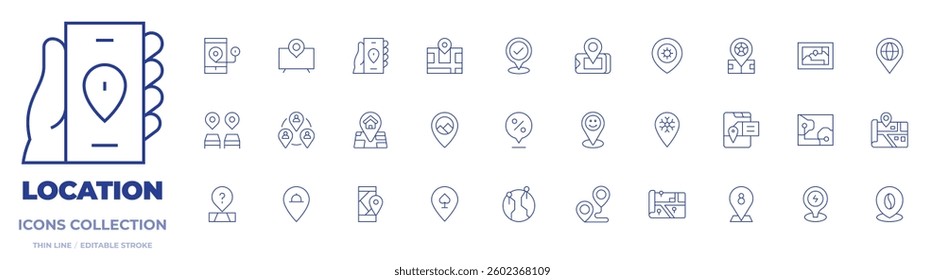 Location icons collection. Thin Line icons, editable stroke. smart tv, location, community, gps, restaurant, map, destination, phone, winter, location pin, check.