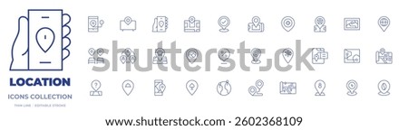 Location icons collection. Thin Line icons, editable stroke. smart tv, location, community, gps, restaurant, map, destination, phone, winter, location pin, check.