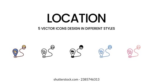 Diseño de iconos de ubicación en cinco estilos con pulsación editable. Línea, Sólido, Línea plana, Color de tono Duo y Línea de degradado de color. Adecuado para diseño de páginas Web, aplicaciones móviles, UI, UX y GUI