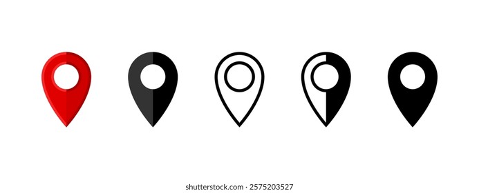 Location icons in different styles, including red, black, outline, and flat vector