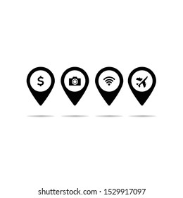 Location icons with dollar, plane and camera in the middle for travel