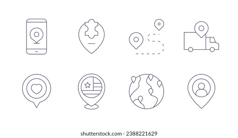 Location icons. Editable stroke. Containing delivery truck, location pin, phone, safe place, location.