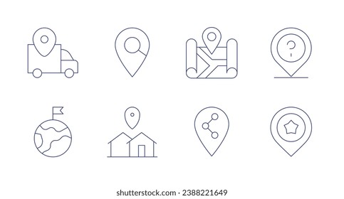 Iconos de ubicación. Trazo editable. Contiene el pin de ubicación, la marca de ubicación, la entrega, la visita, el lugar, la búsqueda, el recurso compartido, la ubicación.