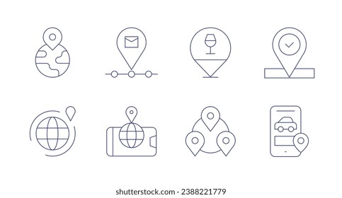 Location icons. Editable stroke. Containing verified, phone, geographical, around the world, locator, location, mobility, location pin.