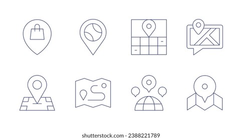 Iconos de ubicación. Trazo editable. Contiene la ubicación del recurso compartido, el mapa, el marcador de posición, la ubicación, el pin de ubicación, la distancia.