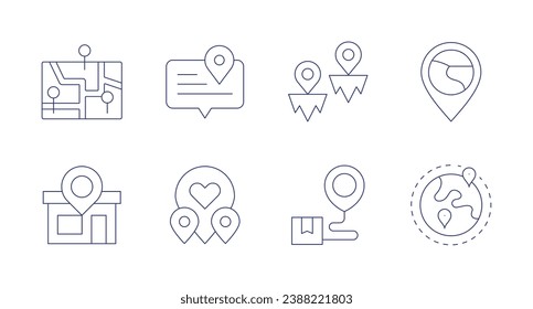 Location icons. Editable stroke. Containing placeholder, world, map, store, location, location pin, speech bubble.