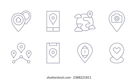 Location icons. Editable stroke. Containing place, location, pointer, pins.