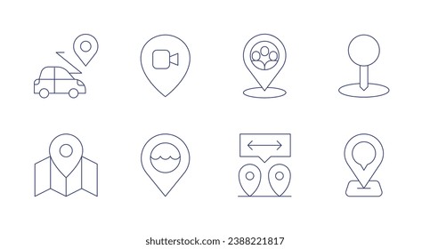 Iconos de ubicación. Trazo editable. Conteniendo el pin, el pin de ubicación, la ruta, la ubicación.