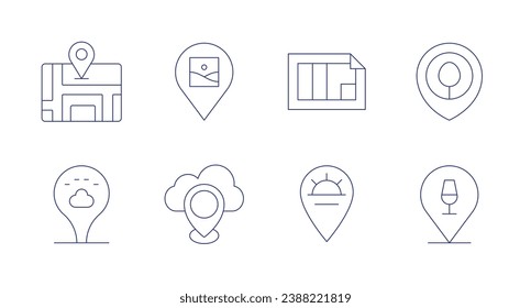 Location icons. Editable stroke. Containing park location, location, gps, gallery, sun, location pin.