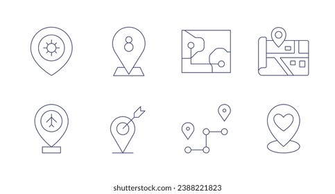 Location icons. Editable stroke. Containing map, placeholder, location.