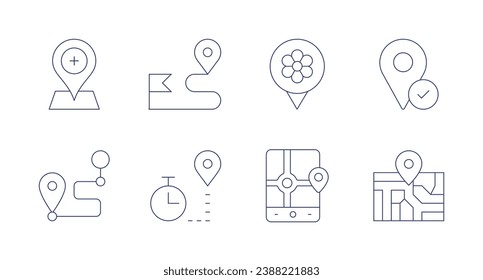Iconos de ubicación. Trazo editable. Contiene el pin de ubicación, el mapa de la calle, la ubicación, la ruta, el temporizador.