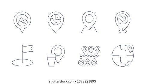 Location icons. Editable stroke. Containing location pin, mountain, placeholder, location, route.