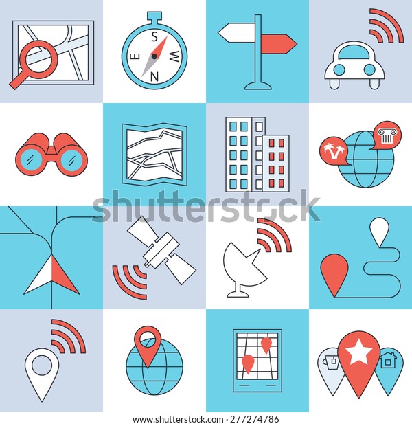 Location icons, flat design, thin lines and light\
color style