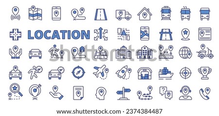 Location icons in line design blue.  
Map, destination, place, navigation, point, GPS, distance, destination, navigation, road, way, transport, waypoint, icons isolated on white background vector.