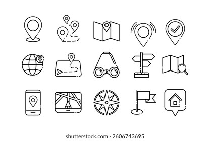 Location icons for navigation and mapping applications. Suitable for web design, mobile apps, digital maps, and travelrelated projects.