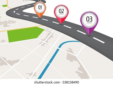 Location icons on the map. Road infographic with colorful pin pointer. Concept of route, landmark, adventure, explore. Vector illustration.
