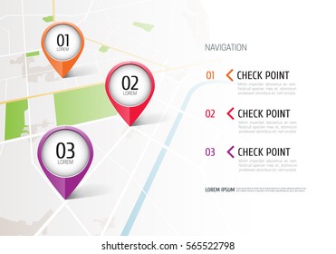 Location icons on the map. Road infographic with colorful pin pointer. Concept of route, landmark, adventure, explore. Vector 

illustration.