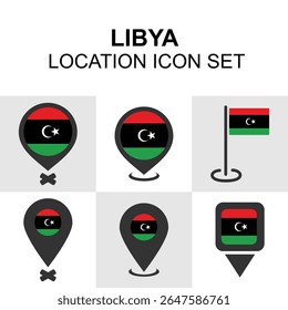 Iconos de Locación que representan la bandera de Libia en formatos claros y llamativos, aptos para App, mapas y recursos educativos.