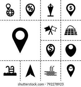 Location icons. set of 13 editable filled location icons such as pin on globe, move on map, flag, swimming pool, pool