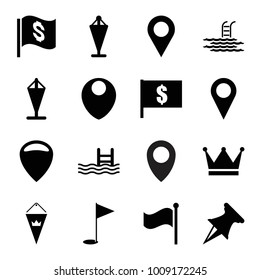 Location icons. set of 16 editable filled location icons such as flag, location, flag with dollar, pool, pin, gold flag