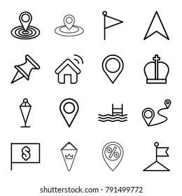 Location icons. set of 16 editable outline location icons such as flag, flag with dollar, pool, navigation arrow, distance, pin, crown