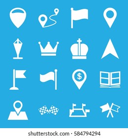 location icons set. Set of 16 location filled icons such as flag, navigation arrow, location pin, distance, photo album, finish flag