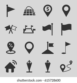 Location icons set. set of 16 location filled icons such as flag, distance, gold flag, map location, house signal