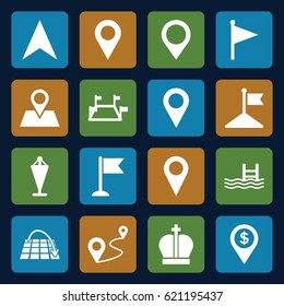 Location icons set. set of 16 location filled icons such as flag, pool, navigation arrow, location pin, distance, move on map