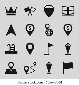 Location icons set. set of 16 location filled icons such as flag, navigation arrow, pin on globe, distance, photo album, swimming pool, gold flag