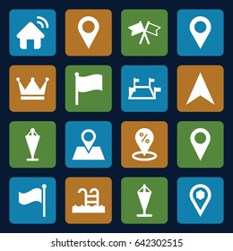 Location icons set. set of 16 location filled icons such as flag, navigation arrow, location pin, swimming pool, house signal