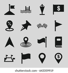 Location icons set. set of 16 location filled icons such as flag, map location, pool, navigation arrow, photo album, finish flag, pin