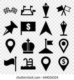 Location icons set. set of 16 location filled icons such as flag, navigation arrow, location, swimming pool, finish flag, pin, crown