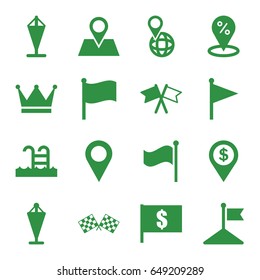 Location icons set. set of 16 location filled icons such as flag, pin on globe, swimming pool, finish flag, crown