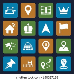 Location icons set. set of 16 location filled icons such as pool, navigation arrow, location pin, distance, flag, photo album, house signal, pin, move on map
