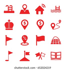 Location icons set. set of 16 location filled icons such as flag, pool, distance, photo album, swimming pool, gold flag, house signal, move on map