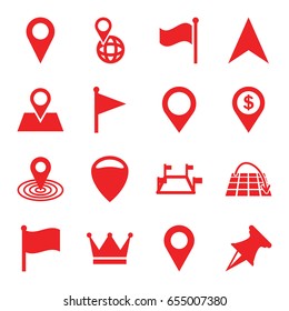 Location icons set. set of 16 location filled icons such as map location, navigation arrow, pin on globe, flag, pin, move on map