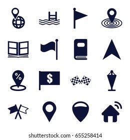 Location icons set. set of 16 location filled icons such as flag, pool, navigation arrow, pin on globe, photo album, finish flag, house signal