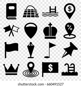 Location icons set. set of 16 location filled icons such as flag, pool, photo album, swimming pool, gold flag, pin, move on map, crown