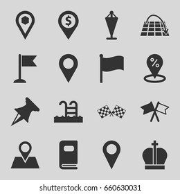 Location icons set. set of 16 location filled icons such as flag, photo album, swimming pool, finish flag, pin, move on map