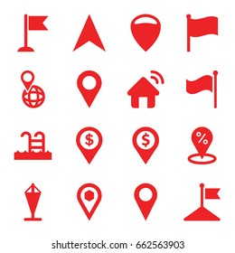 Location icons set. set of 16 location filled icons such as flag, navigation arrow, pin on globe, swimming pool