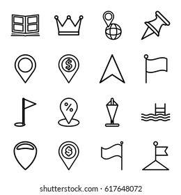 Location icons set. set of 16 location outline icons such as flag, pool, navigation arrow, pin on globe, photo album, gold flag, crown