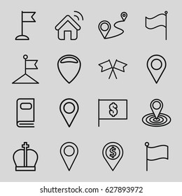 Location icons set. set of 16 location outline icons such as flag, distance, photo album, house signal, flag with dollar