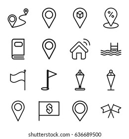Location icons set. set of 16 location outline icons such as flag, pool, distance, photo album, house signal, gold flag