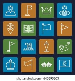Location icons set. set of 16 location outline icons such as flag, distance, photo album, swimming pool, finish flag