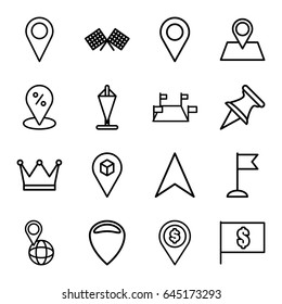 Location icons set. set of 16 location outline icons such as flag, navigation arrow, pin on globe, location pin, finish flag, flag with dollar, crown