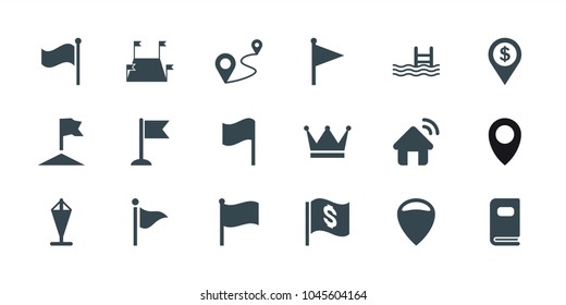 Location icons. set of 18 editable filled location icons: location, pool, flag, distance, photo album, crown, house signal