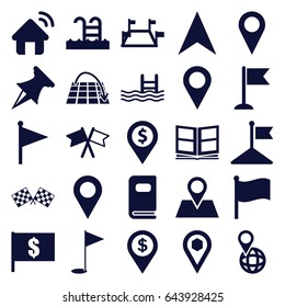 Location icons set. set of 25 location filled icons such as flag, pool, navigation arrow, pin on globe, location pin, photo album, swimming pool, finish flag, house signal