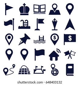 Location icons set. set of 25 location filled icons such as pool, flag, navigation arrow, pin on globe, location pin, distance, photo album, swimming pool, house signal, pin